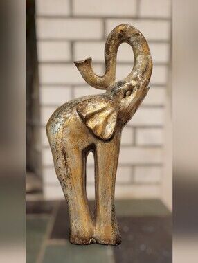 Vintage Distressed Patina Ceramic Trumpeting Elephant Statue.
